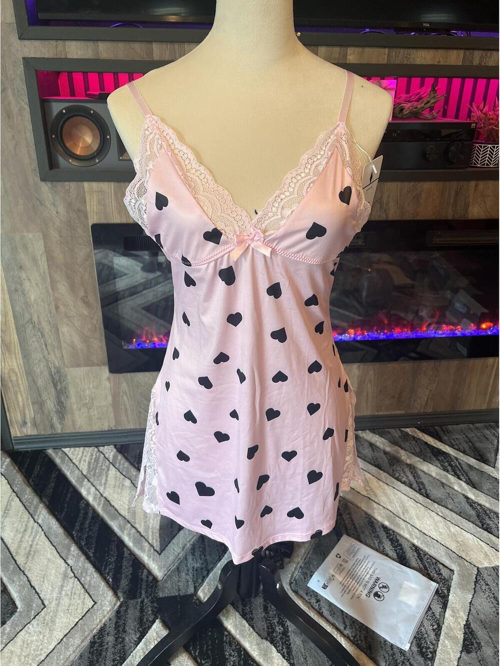 Ambrielle Pink Heart Print Lace Trim Chemise Nightgown